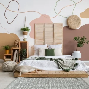 wand hinter bett abstrakt streichen als blickfang im boho schlafzimmer