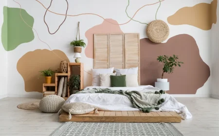 wand hinter bett abstrakt streichen als blickfang im boho schlafzimmer