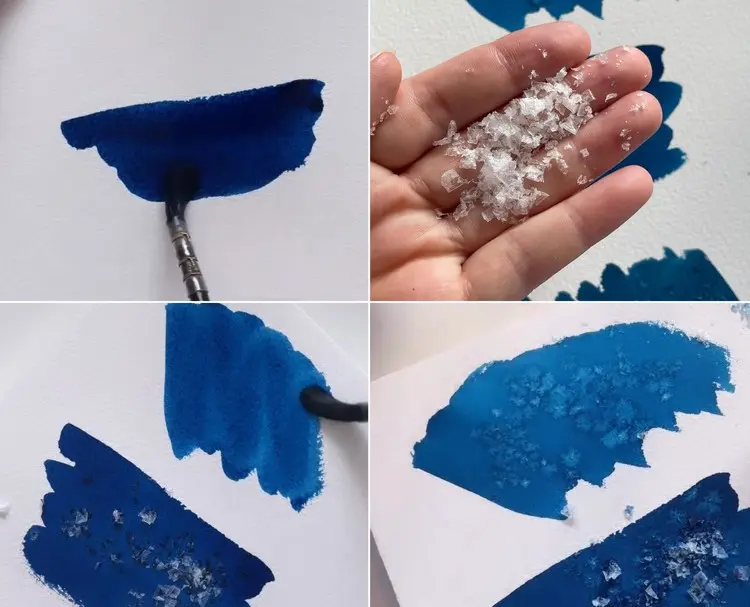 Wasserfarben auf Aquarellpapier verwenden und mit Salzflocken oder -kristallen bestreuen