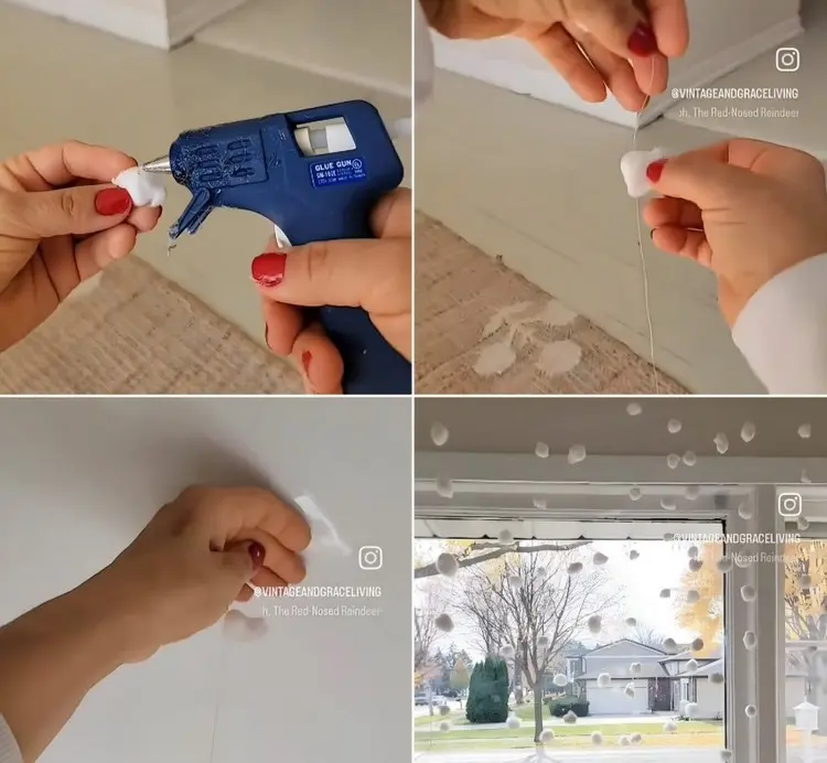 Wattebällchen auf Schnur kleben und an die Decke vor das Fenster hängen für Schneeflocken