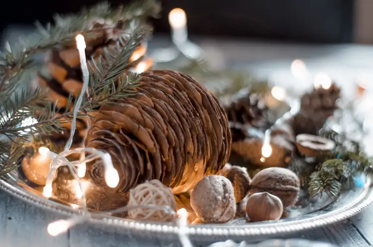 Winterdeko für den Tisch mit Lichterkette und Nüssen und Tannenzapfen