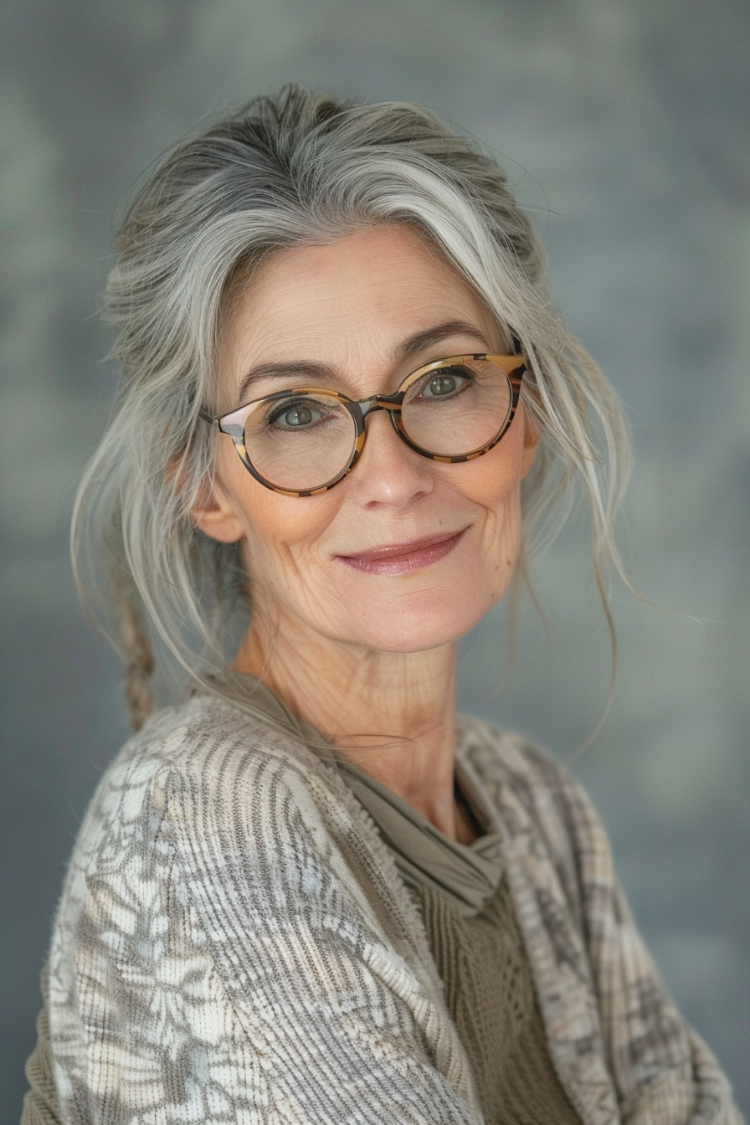 Ältere frau mit natürlichem make up und brille