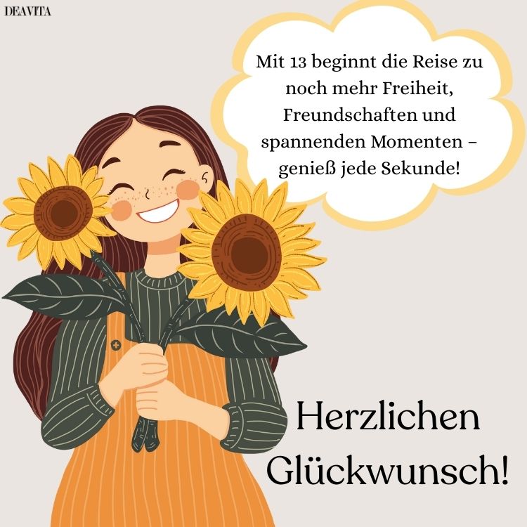 coole glückwünsche zum 13. geburtstag mädchen mit sonnenblumen
