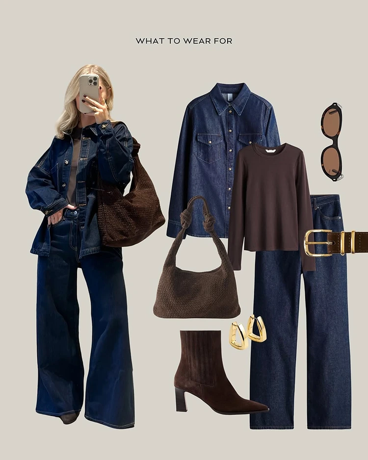 denim outfit braune bluse heels sonnenbrille