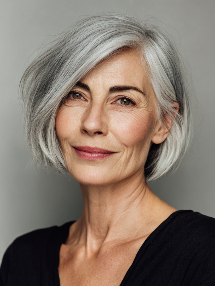 graue kurzhaarfrisuren ab 60 – bobschnitt mit seitenscheitel