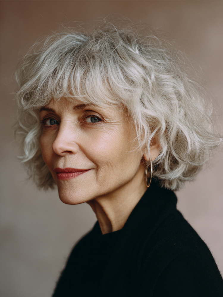 graue kurzhaarfrisuren ab 60 – choppy bob und curtain bangs