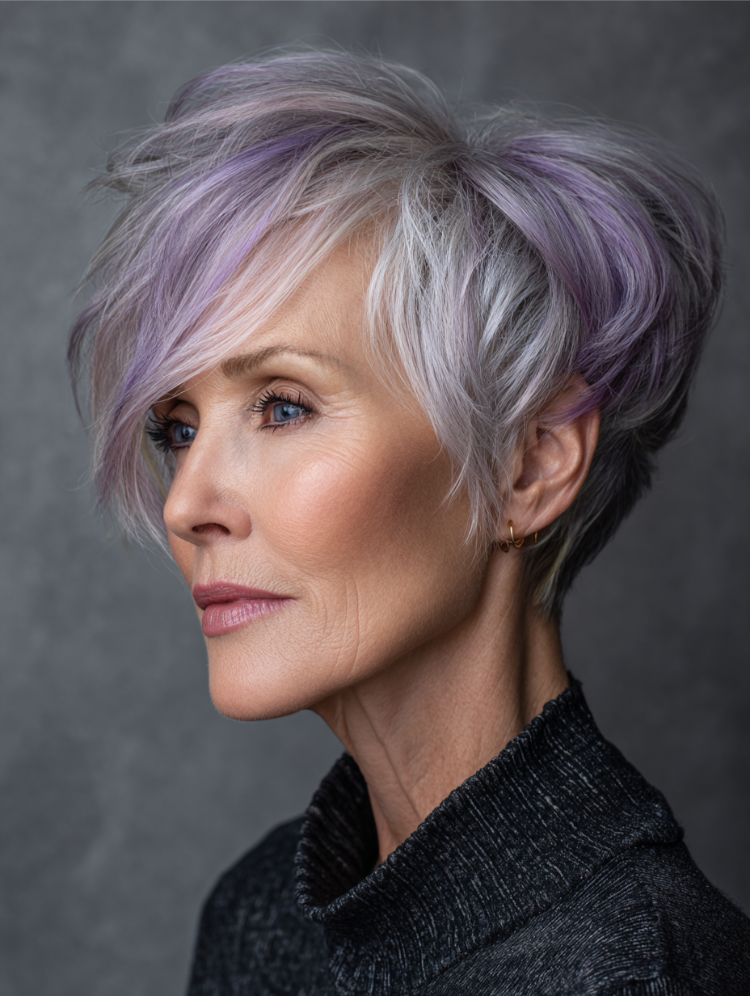 graue kurzhaarfrisuren ab 60 – schattenwurzeln, dezente silber und platinsträhnchen, pastellfarbene lavendel und rosenstähnchen