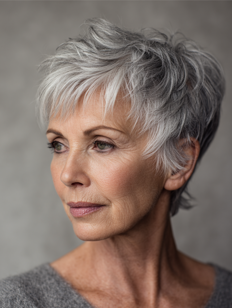 graue kurzhaarfrisuren ab 60 – strukturierter pixie bob