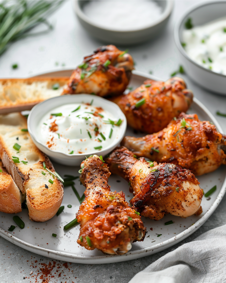hähnchenschenkel aus dem airfryer mit baguette und knoblauchsauce