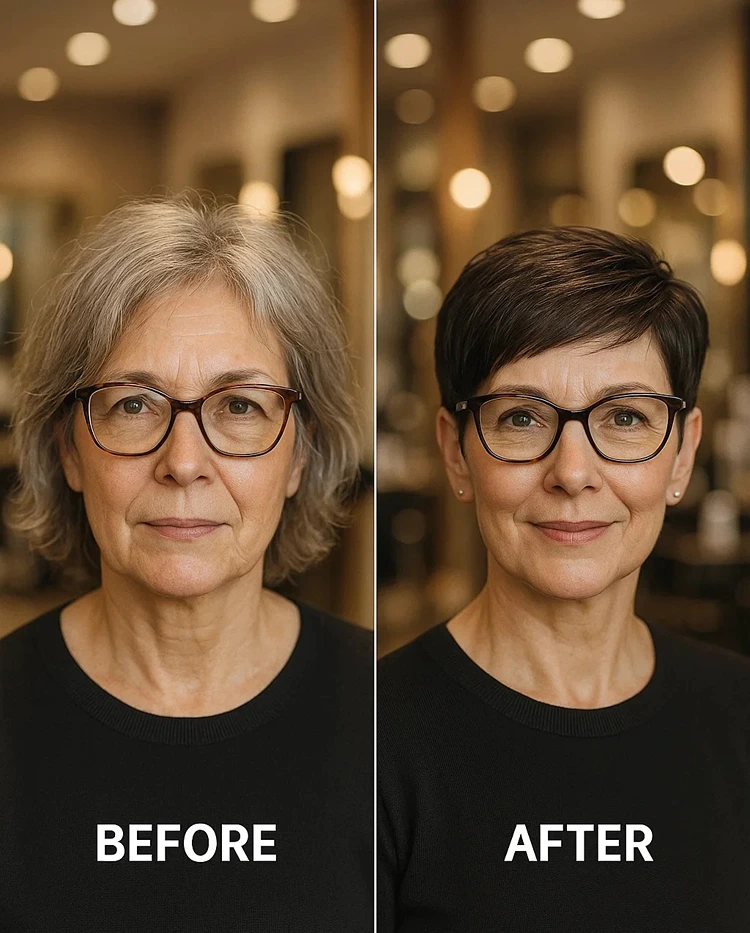kurzhaarfrisuren ab 60 mit brille vorher nachher bild