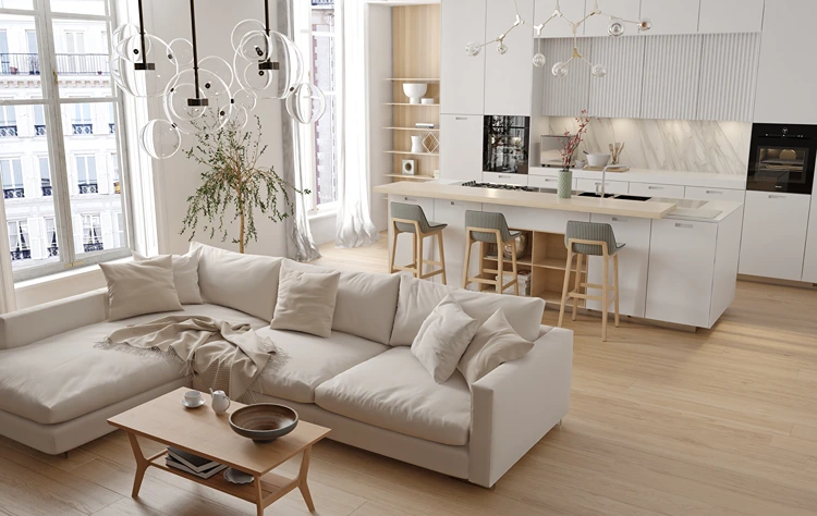 offenes wohnzimmer mit weißen möbeln und modernen leuchten dekoriert