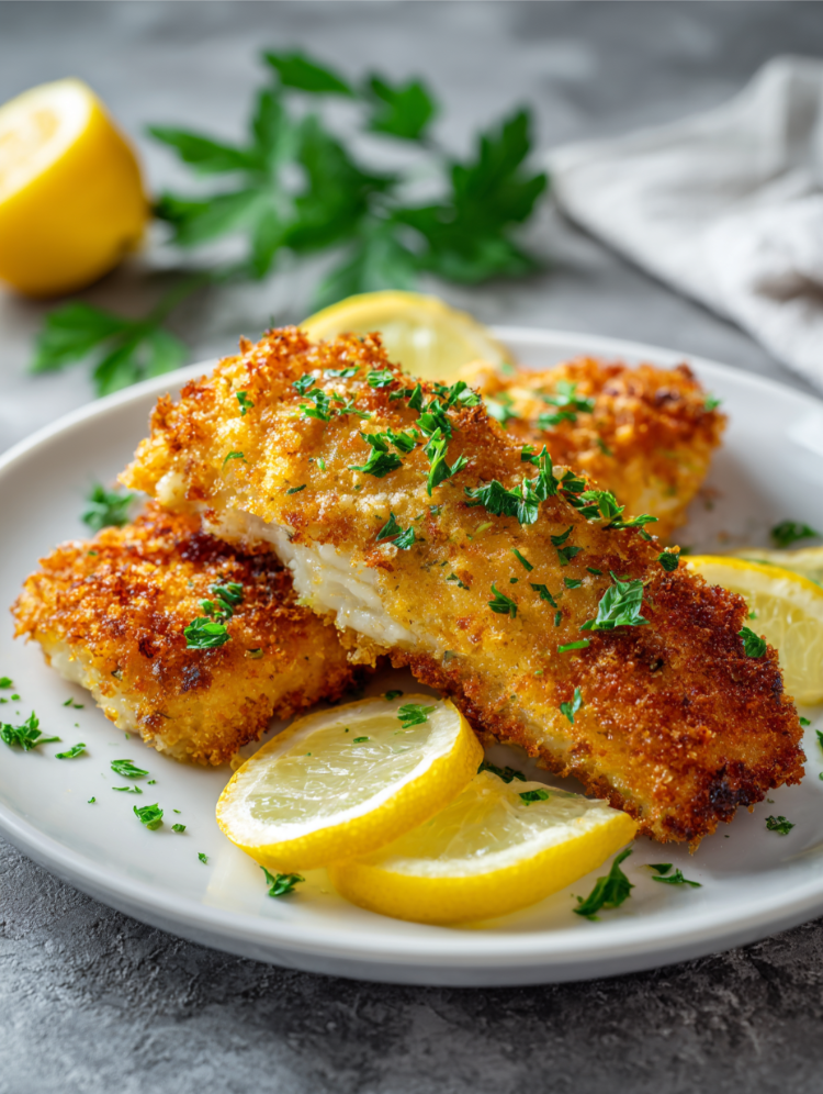 panierter tiefkühlfisch mit zitrone, in der heißluftfritteuse gebacken