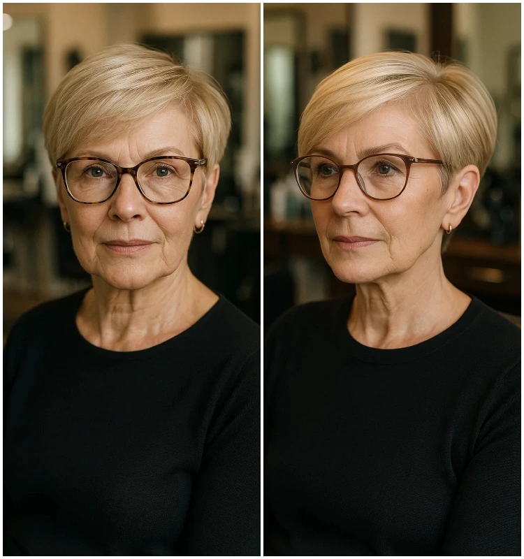 pixie cut für frauen ab 60 mit brille mit seitenscheitel