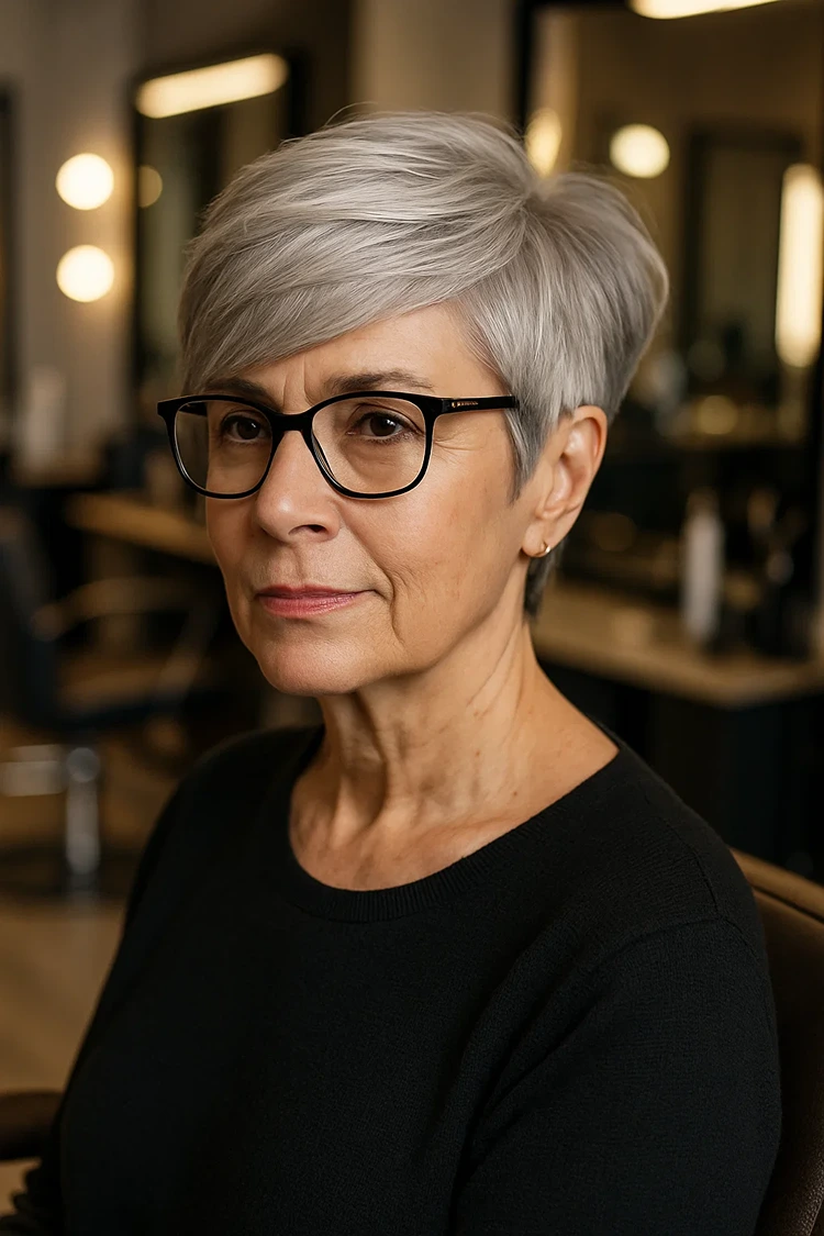 pixie cut mit seitenscheitel graue haare