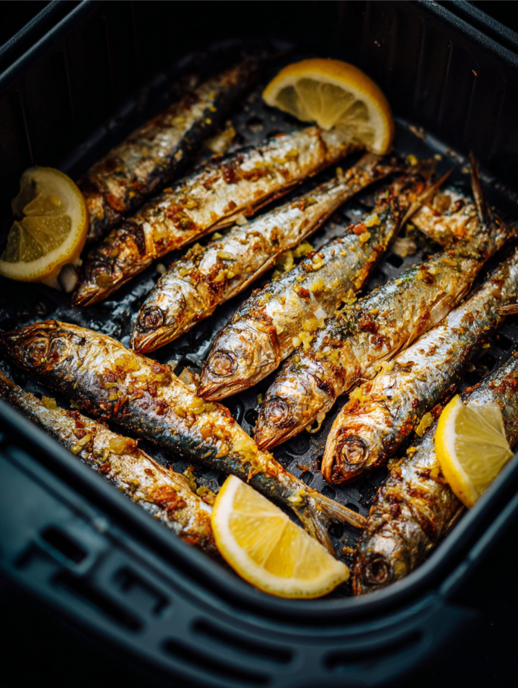 sardinenfilets in einem heißluftfritteusenkorb, mariniert mit zitronensaft und knoblauch