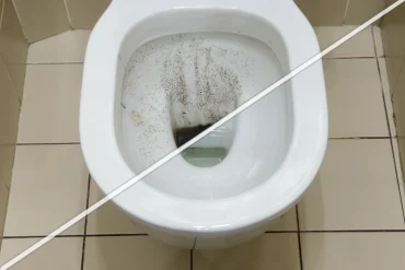 toilettenschüssel vor und nach der reinigung von schmutz