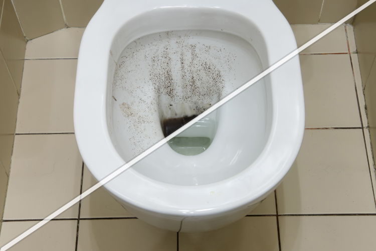 toilettenschüssel vor und nach der reinigung von schmutz