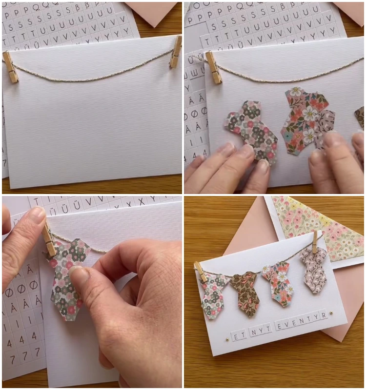 babyparty karte selber machen mit wäscheleine und bodys