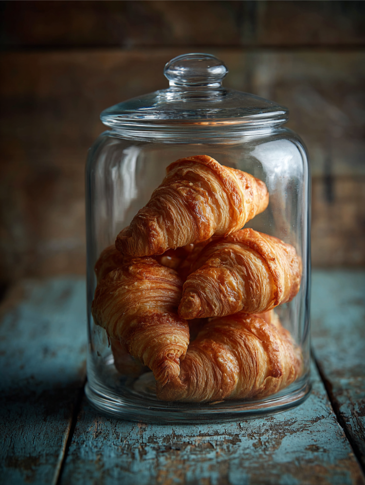 blätterteig croissants, aufbewahrt in einem luftdichten glasbehälter