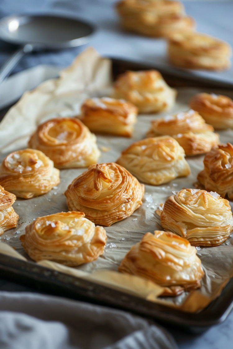 blätterteig snacks auf einem mit backpapier ausgelegten backblech