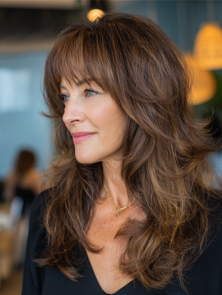 frau ab 60 mit langem shag schnitt