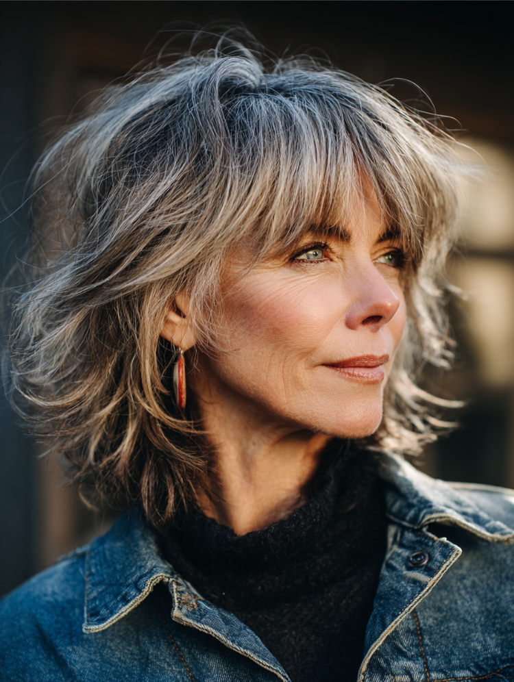 frecher, voluminöser schnitt für ältere frauen mit feinem haar – tousled layered shag cut