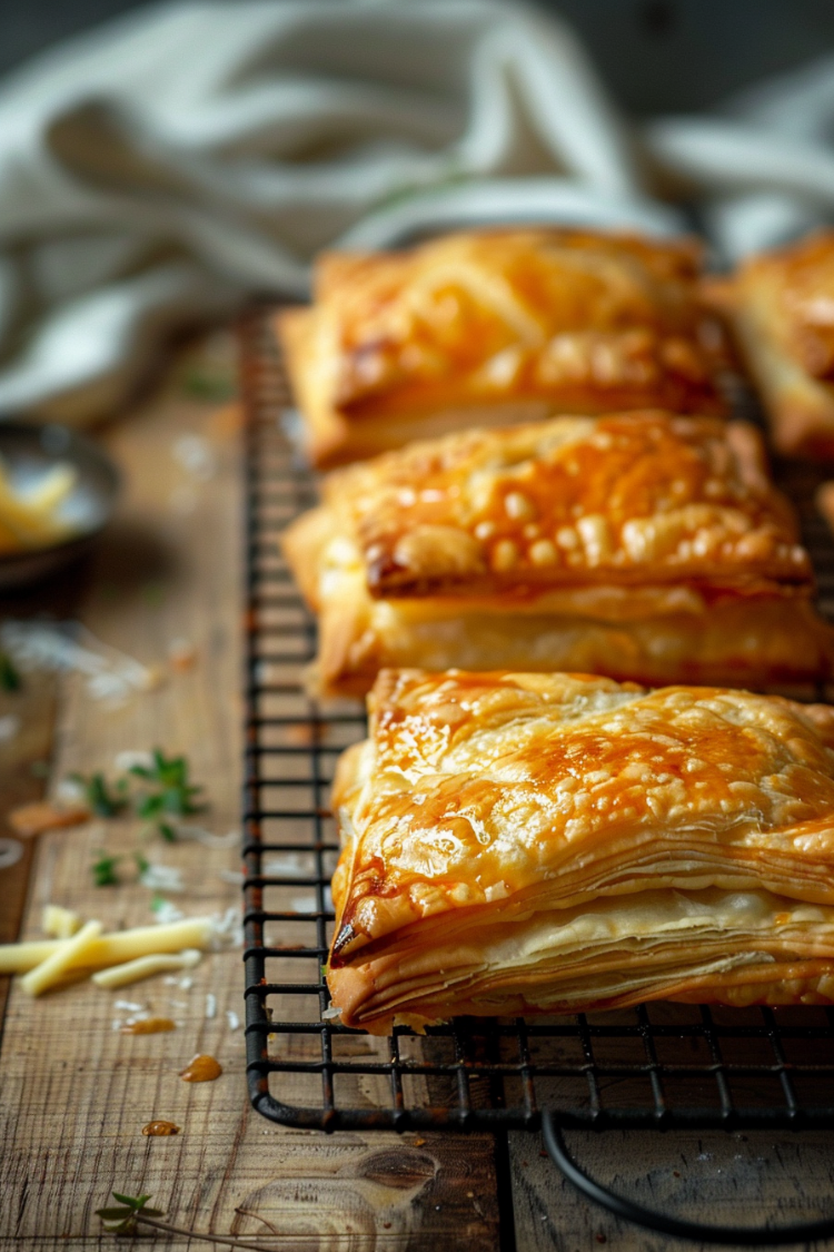 frisch gebackene blätterteigtaschen mit käsefüllung, auf einem kühlrost platziert