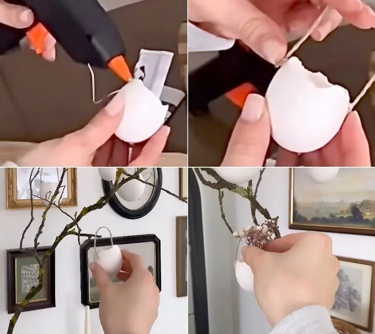 Garn mit Heißkleber an der Schale befestigen und aufhängen