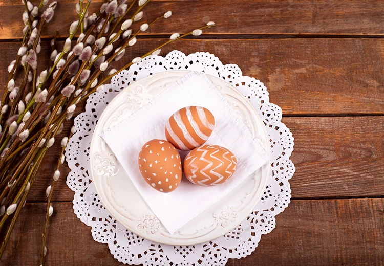 grafische muster in weiß, präsentiert auf einem spitzendeckchen und umrahmt von flauschigen weidenkätzchen