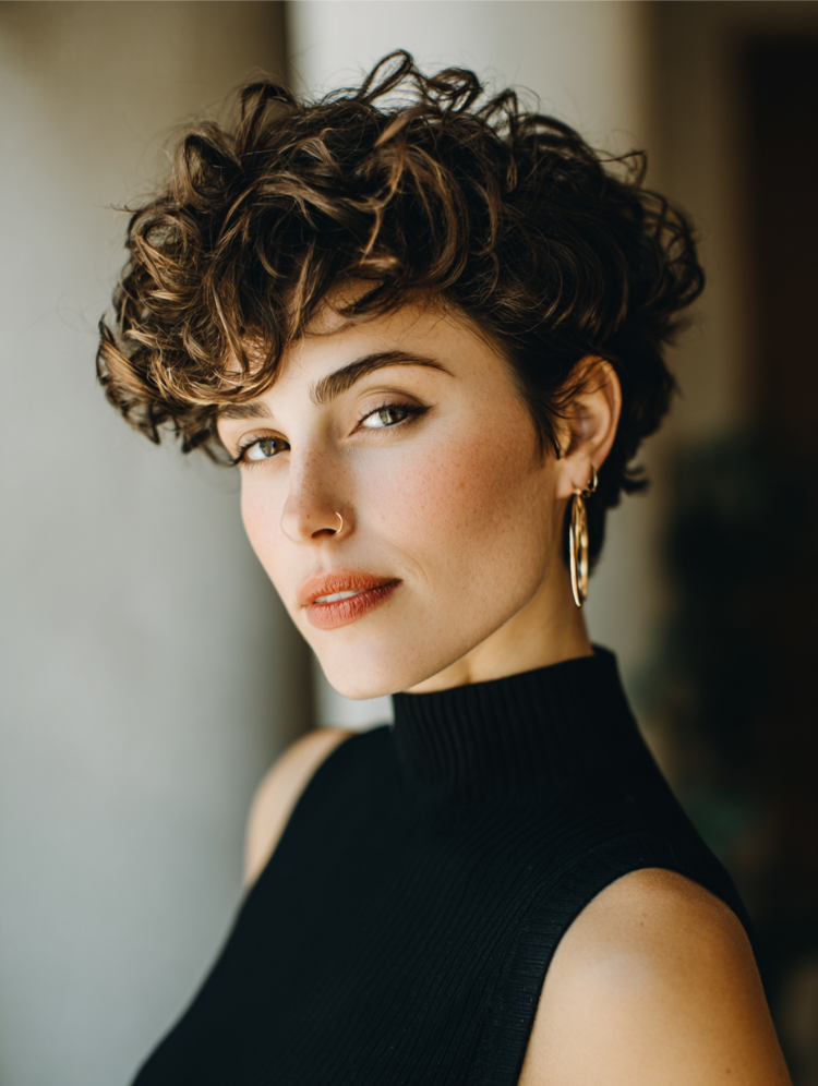 haarschnitt für kurzes lockiges haar mit balayage