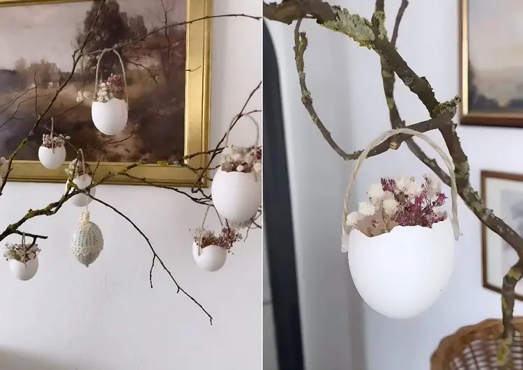 Hängende Osterkörbchen aus Eierschalen und Garn selber machen