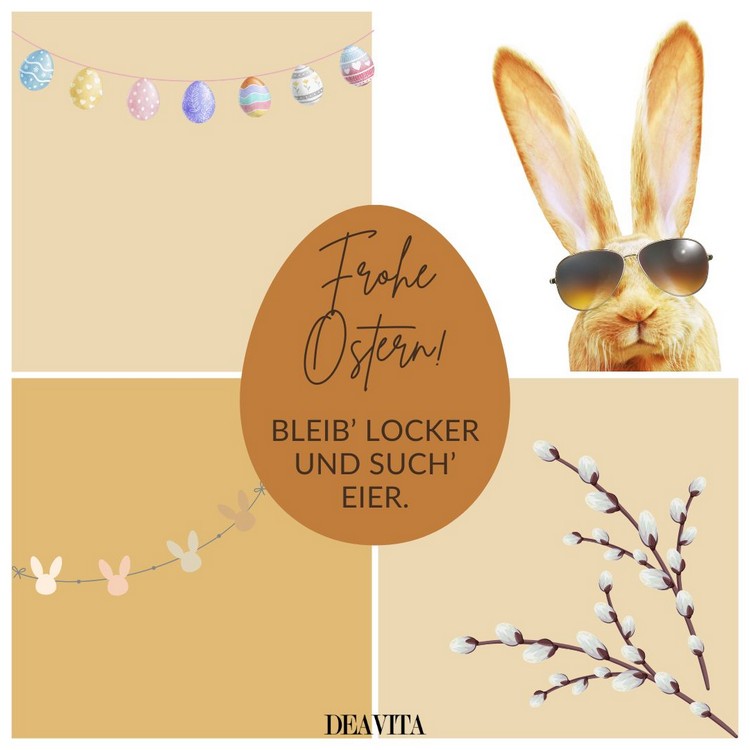 Lustige Bilder, um 2025 frohe Ostern zu wünschen mit coolem Hasen - Bleib locker und such Eier
