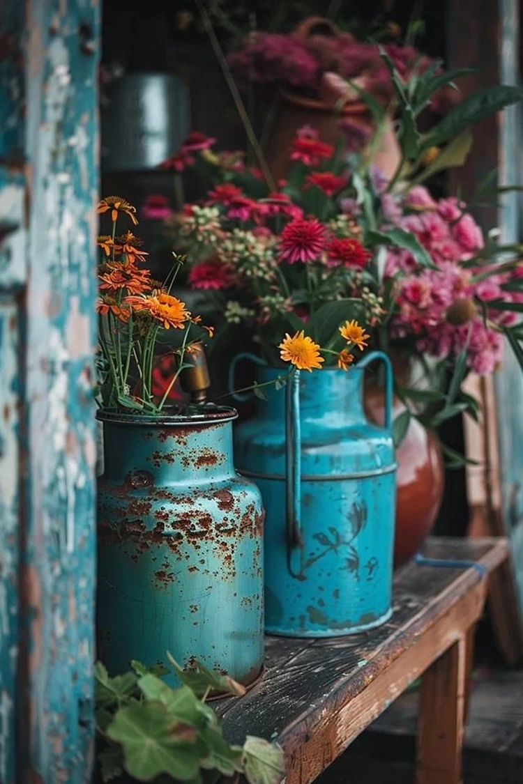 shabby chic gartendeko blumen in milchkannen