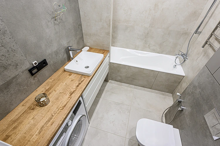 waschmaschine unter holzplatte mit eckigem aufsatzbecken