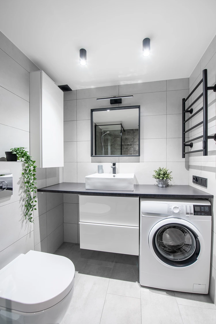 waschmaschine unter hpl waschtischplatte mit rechteckigem aufsatzbecken