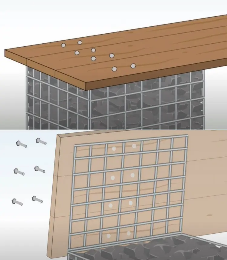 Anleitung für eine selbstgemachten Gabionenbank - Bretter vorschrauben