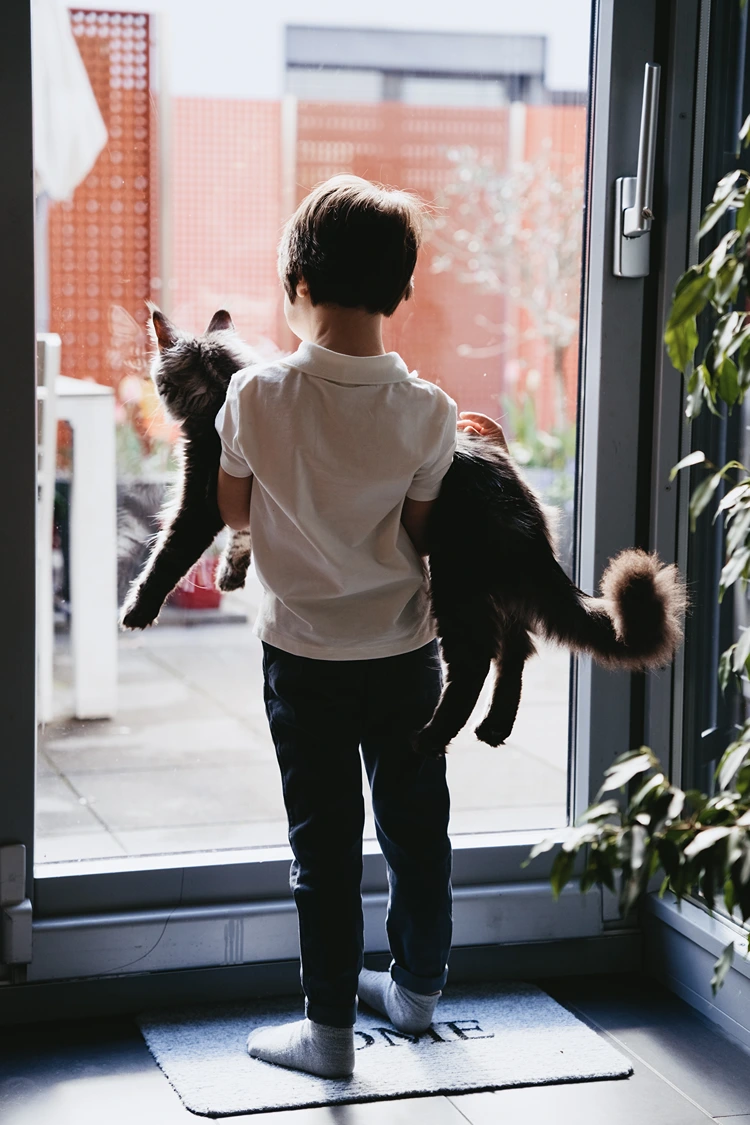 ein kind mit katze am fenster