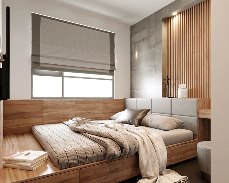 eingebautes bett auf podest und schminkplatz daneben