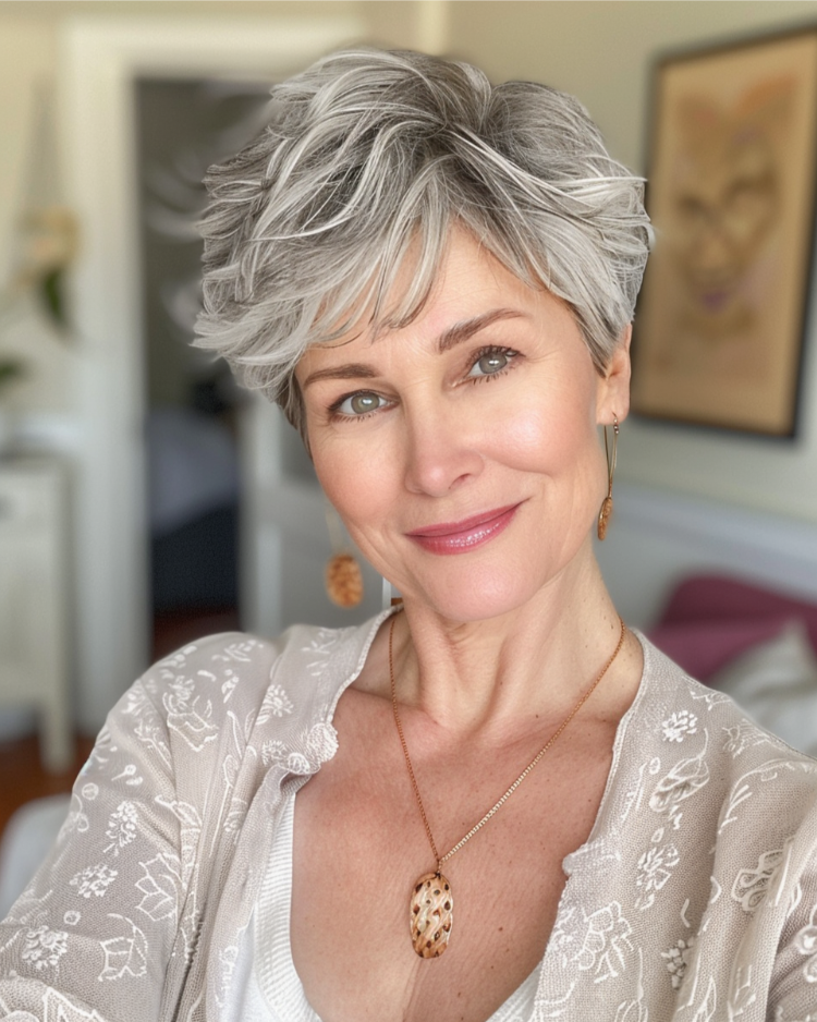 frau ab 50 mit zerzaustem, fransigem pixie cut und natürlichen grau blonden strähnchen