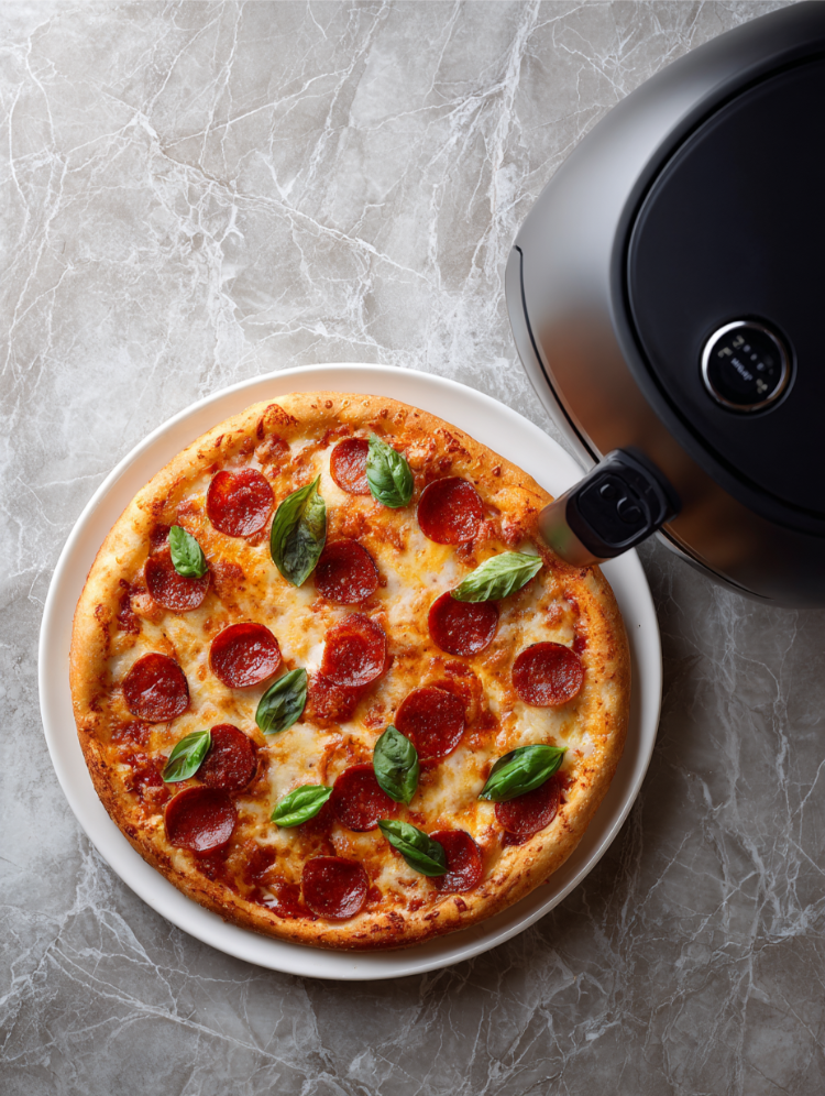 gebacken tk pizza neben der heißluftfritteuse