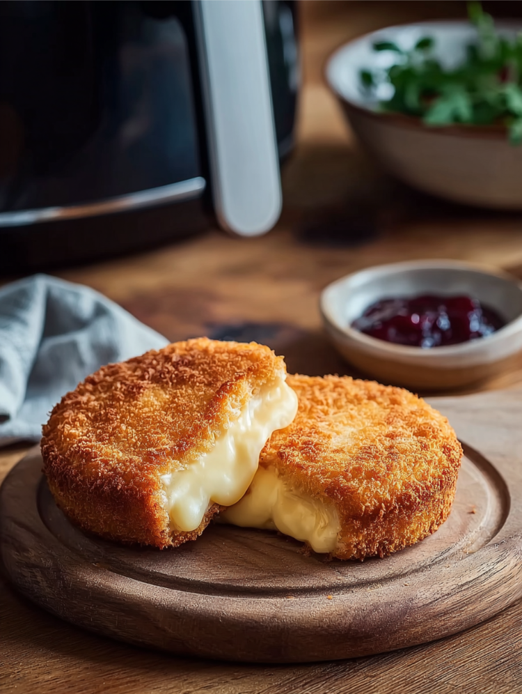 gebackener camembert vor der heißluftfritteuse mit beerenkonfitüre