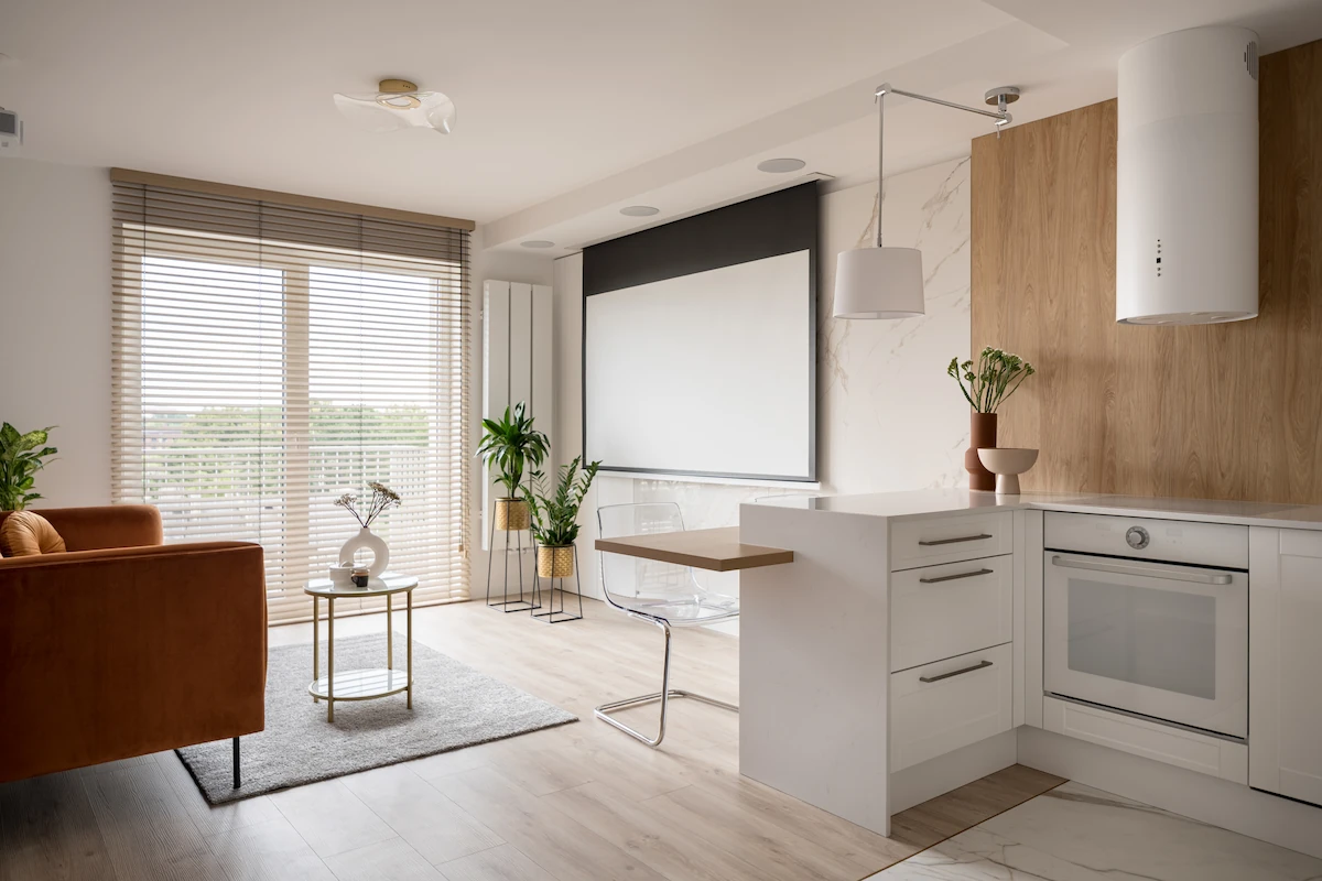 leinwand für beamer im modernen wohnzimmer