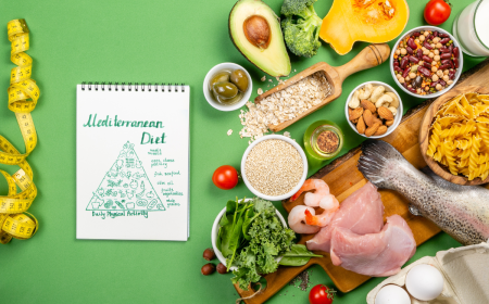 mediterranes diät konzept – fleisch, fisch, obst