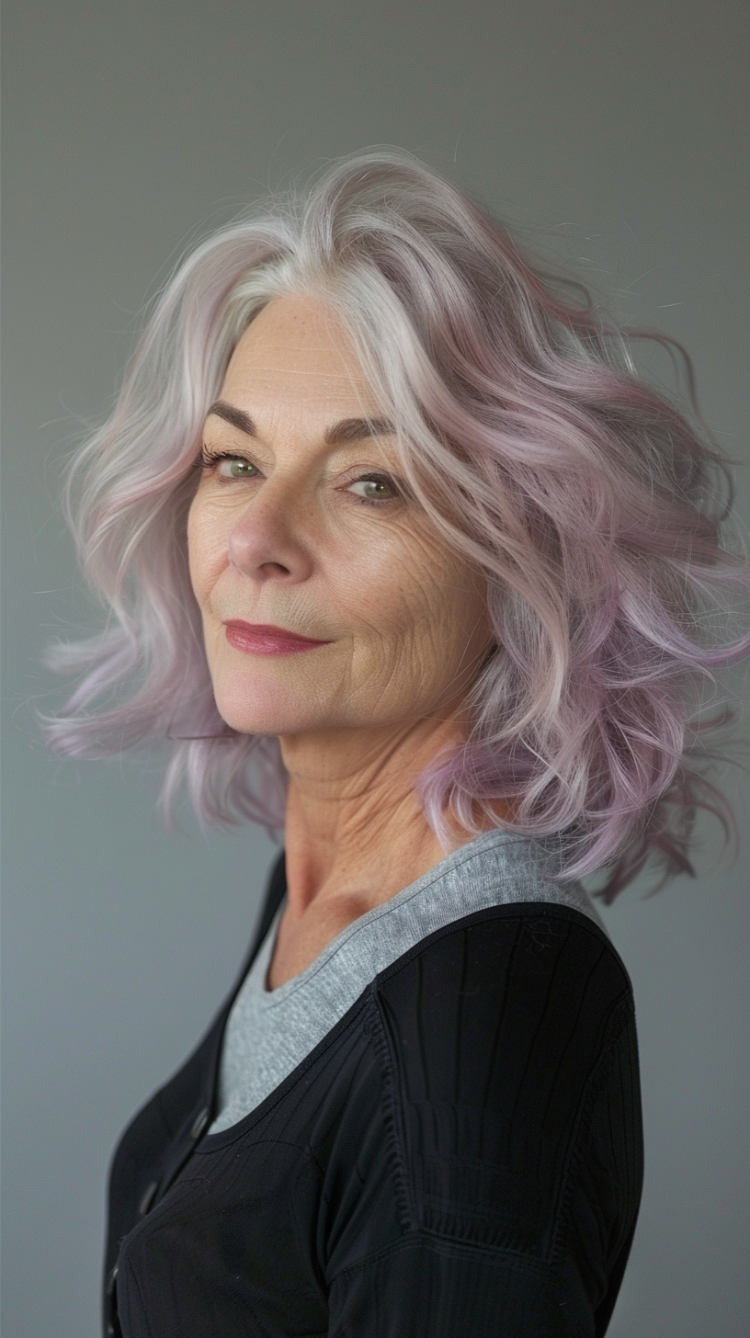 reife frau mit feinem haar in sanften pastellsträhnchen in lavendel und rosa