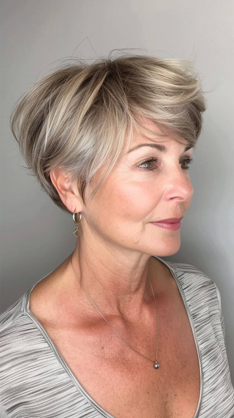 reife frau mit feinem haar und gestuften strähnchen für mehr volumen