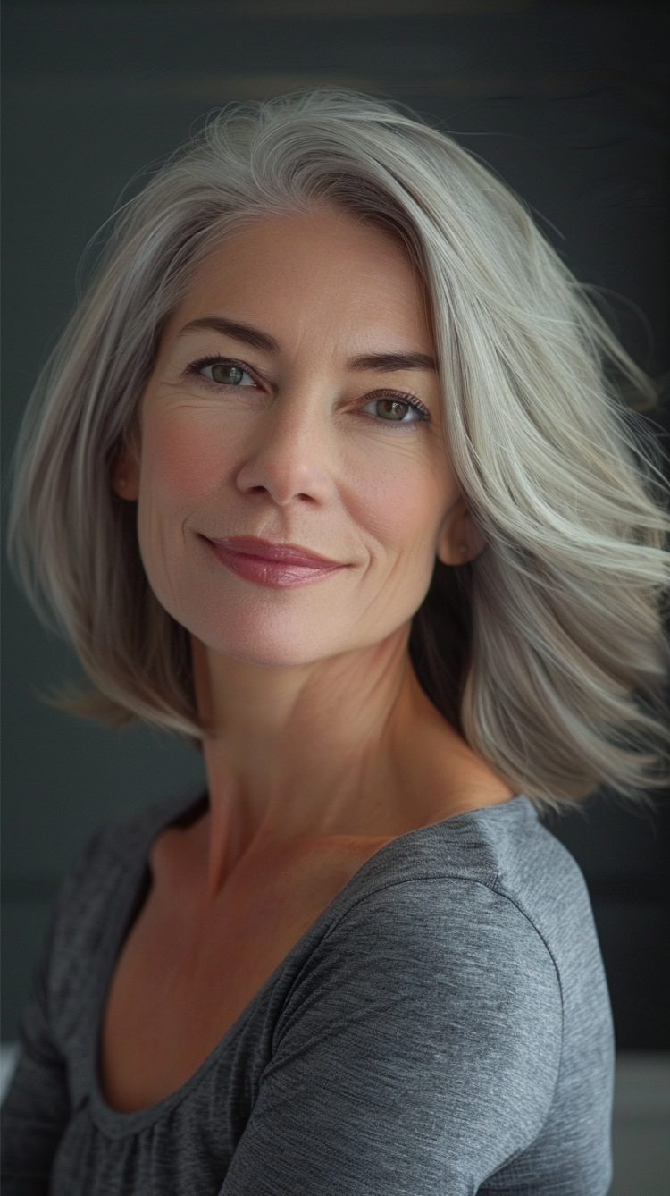 reife frau mit feinem haar und mittellangem bob haarschnitt in aschgrau