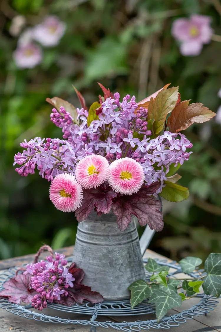 Rosa Gänseblümchen mit Fliederblüten, Heuchera-Blätter, Efeu und rötlichen Strauchblättern