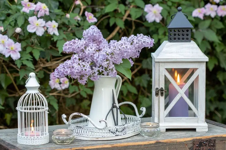 Schönes Arrangement für den Gartentisch mit Tablett, Kanne, Deko-Käfig und Laterne