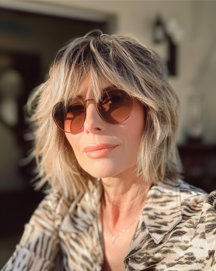 stilvolle frau ab 50 mit gestuftem bob haarschnitt mit feinen spitzen und weichem pony