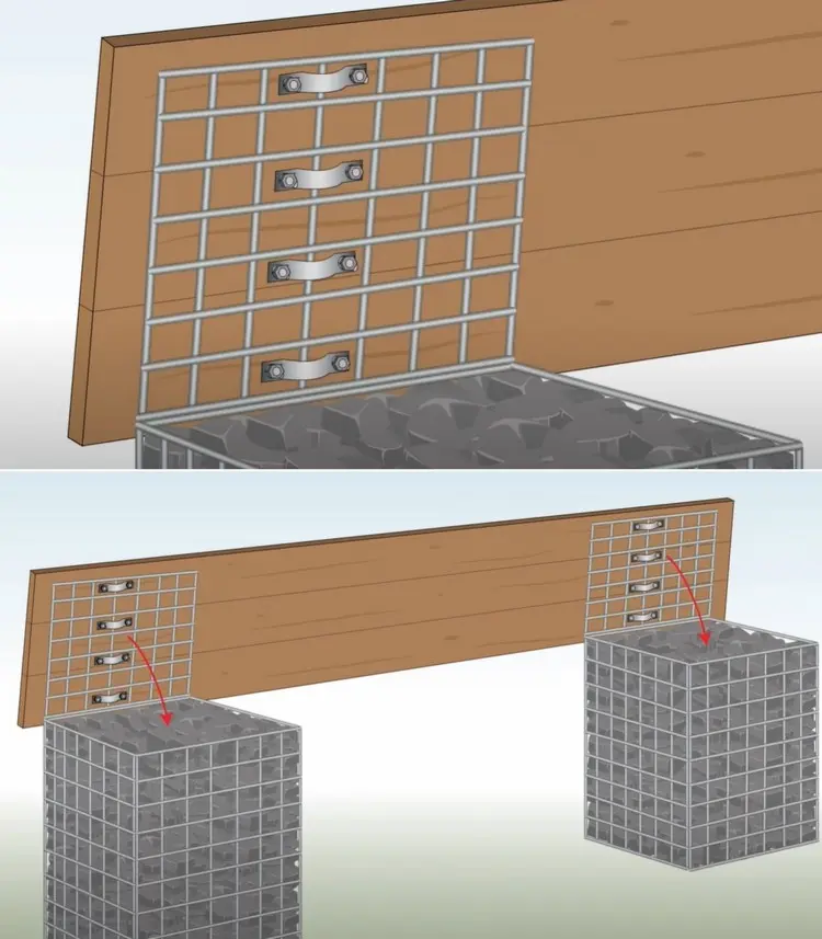 U-Schellen mit Muttern fixieren und die Sitzfläche auf die Gabionenkörbe legen